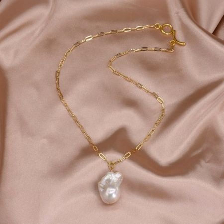 Gold Plated Chain Necklace with Large Baroque Pearl Pendant